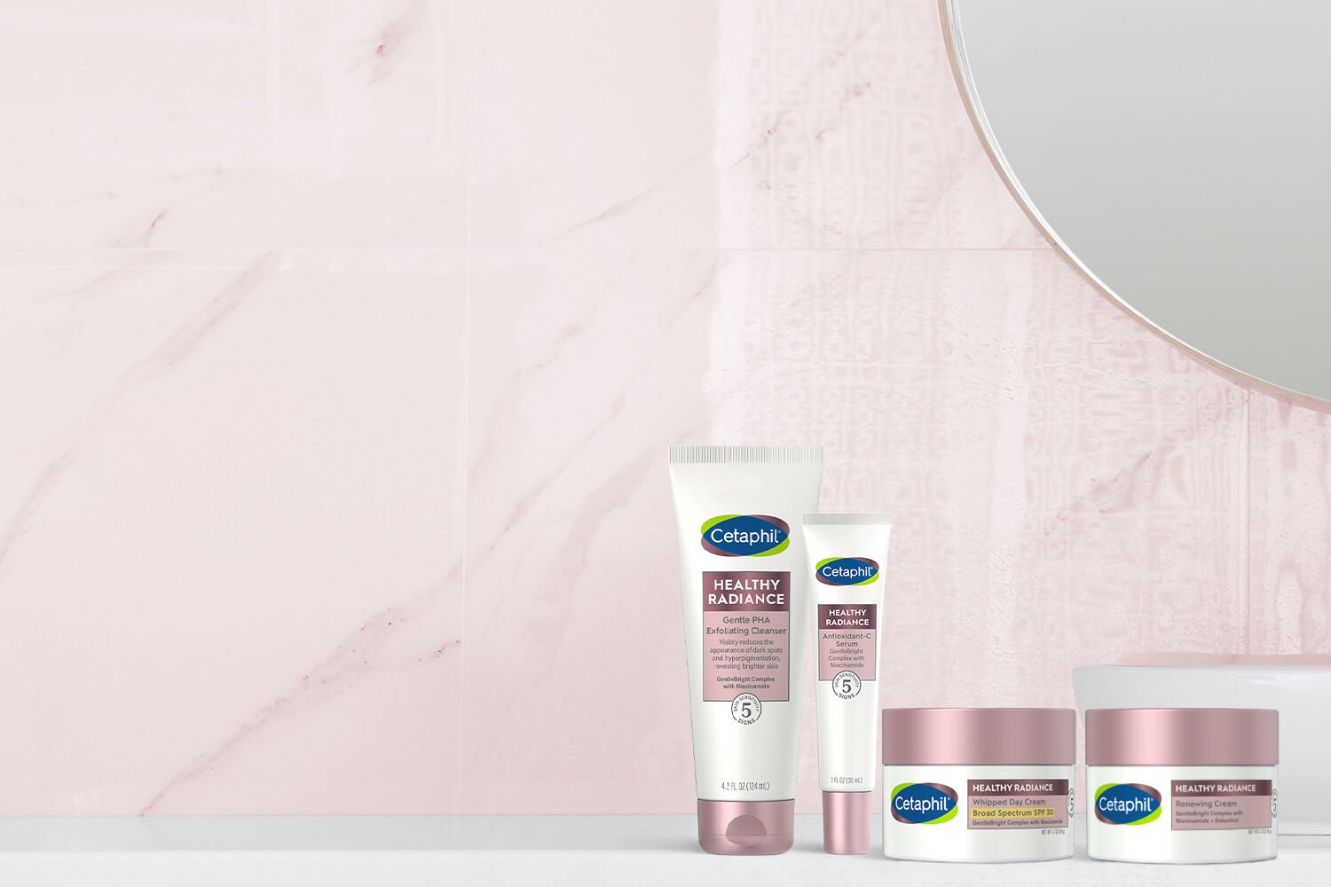 cetaphil healthy radiance products on counter